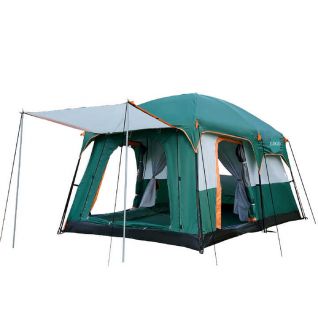Green Family Cabin Tents 2 Rooms Straight Wall with Mesh Waterproof Double Layer Big Tent for Outdoor