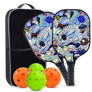 Multi Color Pattern Fiberglass Pickleball Paddle Set of 2 Rackets & 4 Pickleballs With Portable Bag for Indoor Outdoor Sports